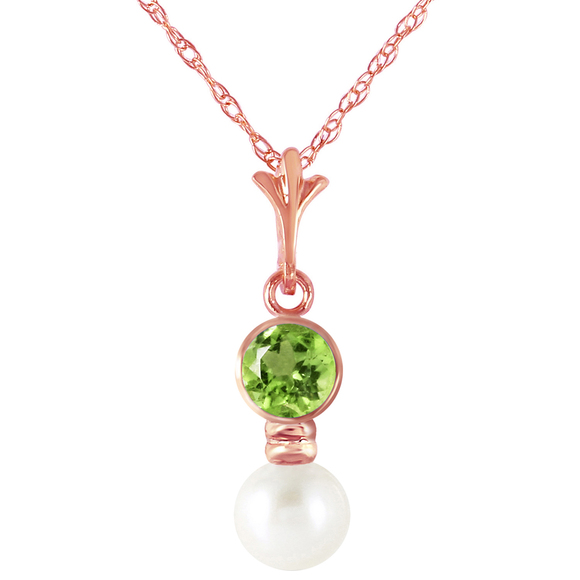 Galaxy Gold Products Jewelry - 14K. SOLID GOLD NECKLACE WITH PERIDOT & PEARL (Rose Gold)
